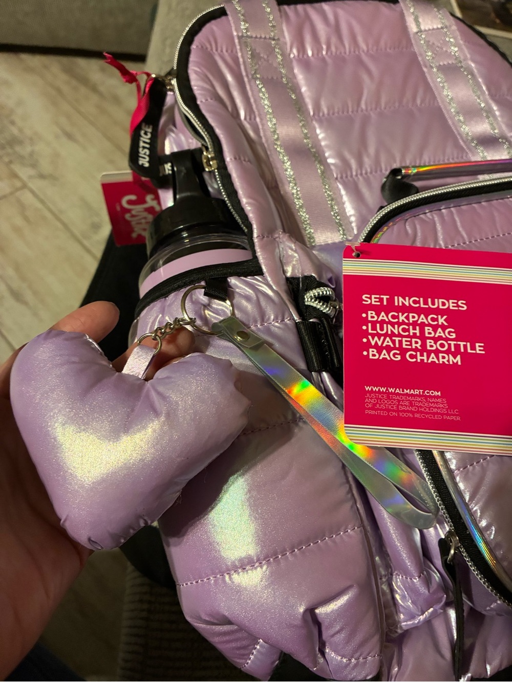 Justice Quilted Shimmer Iridescent Lavender Backpack Set W/ Lunch Bag&Bottle NWT - Picture 9 of 16